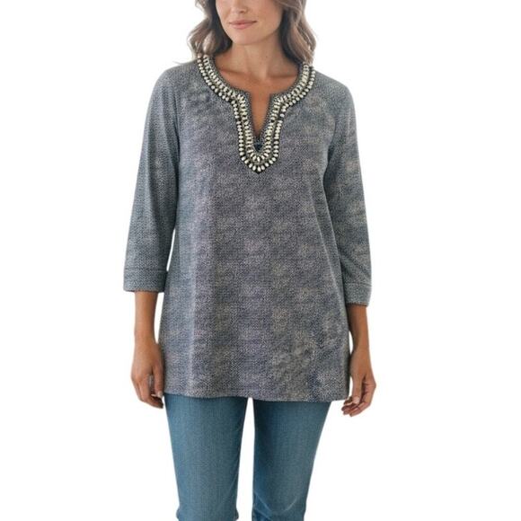 Tory Burch XL Navy White Silk Embellished Tunic Blouse Rhinestone Beaded - Picture 1 of 7